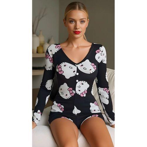 Kitty Dream Pamuklu Siyah Kedicik Desenli Düğmeli Uzun Kol Tulum Pijama