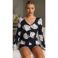 Kitty Dream Pamuklu Siyah Kedicik Desenli Düğmeli Uzun Kol Tulum Pijama