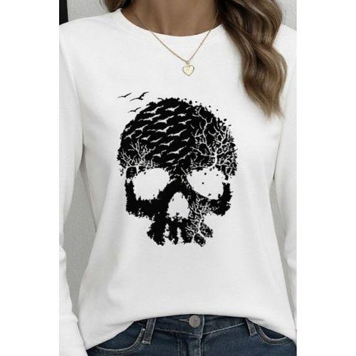 Kadın Uzun Kollu Bisiklet Yaka Kurukafa Desenli Viskon Bluz