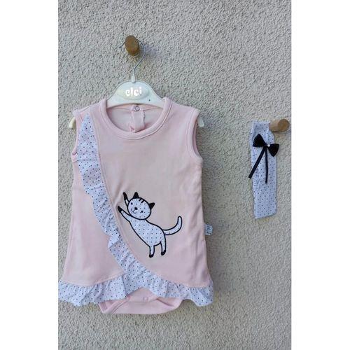Kız Bebek Pembe Kedili Fırfırlı Bandanalı Badi