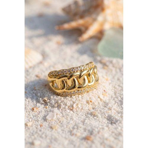 Çift Sıra Zirkon Taşlı Örgü Zincir Formlu Gold Renk Yüzük