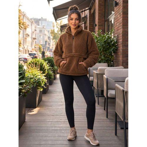 Kadın Yarım Fermuarlı Kanguru Cepli Peluş Wellsoft Sweatshirt
