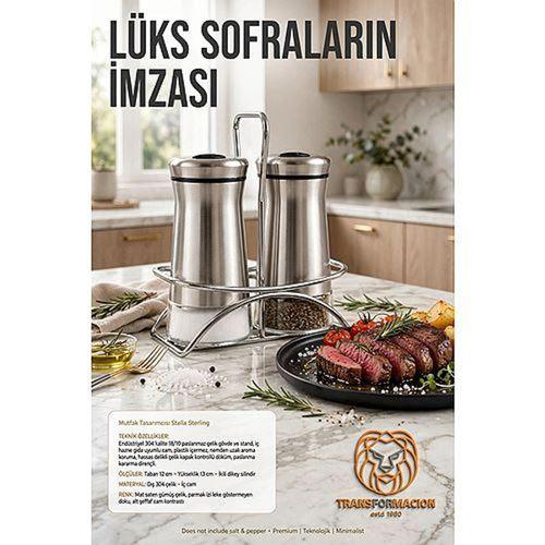 İkili Tuzluk Biberlik Seti 13 cm 18/10 304 Paslanmaz Çelik Standlı Cam Baharatlık 723495