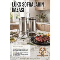 İkili Tuzluk Biberlik Seti 13 cm 18/10 304 Paslanmaz Çelik Standlı Cam Baharatlık 723495