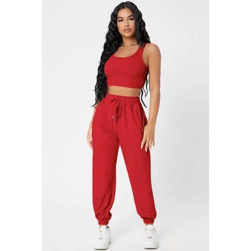 Kadın Kırmızı Kaşkorse Cepli Jogger Eşofman Altı Ve Crop Top Bluz