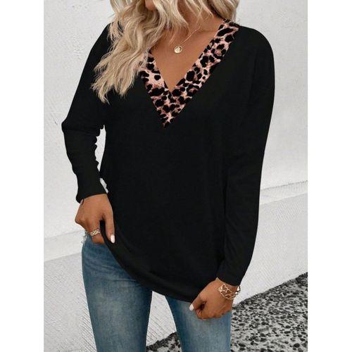 Kadın Uzun Kollu V Yakalı Leopar Detaylı Viskon Iki Iplik Bluz