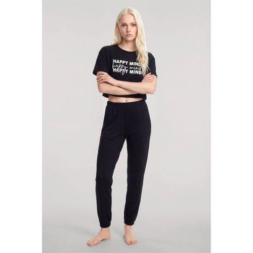 Kadın Siyah Baskılı Crop T-shirt Pantolon Takım Rahat Günlük Spor Şık İkili Set