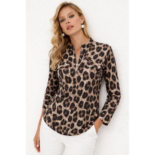 Kadın Uzun Kollu Hakim Yaka Yakadan Fermuarlı Geometrik Desenli Süprem Bluz