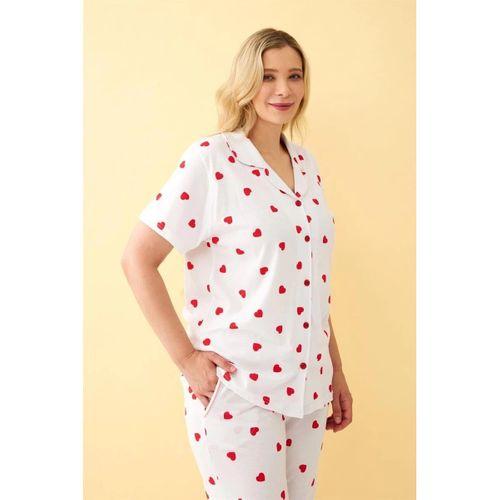 Kadın Beyaz Kırmızı Kalp Desenli Önden Düğmeli Büyük Beden Pijama Takımı
