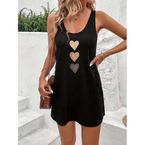Kadın Askılı Yuvarlak Yakalı Kalp Baskılı Kısa Viskon Elbise