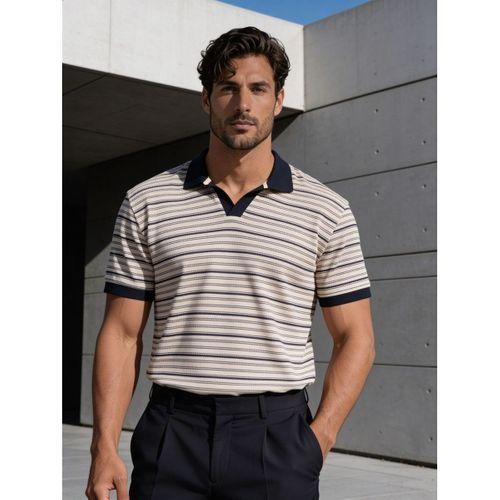 Gert Relaxed Fit Çizgili Pike Kumaş V Pat Polo Yaka T-Shirt - Siyah