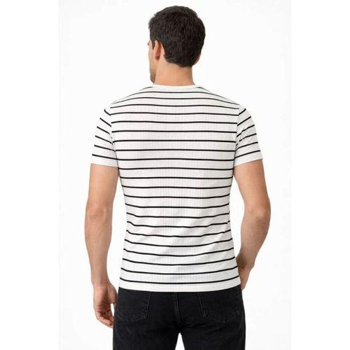Erkek Çizgili Yazlık Triko T-Shirt Slim Fit Dar Kesim Body Bisiklet Yaka - Beyaz