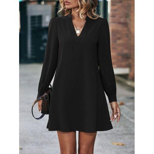 Kadın Uzun Kollu V Yakalı Arkadan Düğmeli Mini Ithal Krep Elbise