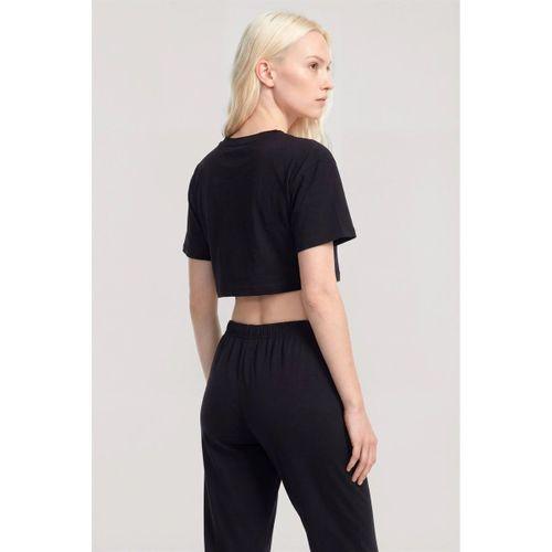 Kadın Siyah Baskılı Crop T-shirt Pantolon Takım Rahat Günlük Spor Şık İkili Set