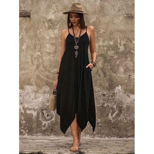 Kadın Askılı V Yakalı Cep Detaylı Asimetrik Kesim Detaylı Viskon Elbise