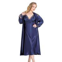 Büyük Beden Lacivert Uzun İkili Saten Sabahlık Gecelik Takımı