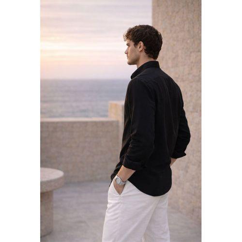 Scott – Soft Dokulu Yarım Oversize Modern Keten Görünümlü Erkek Gömlek - Siyah