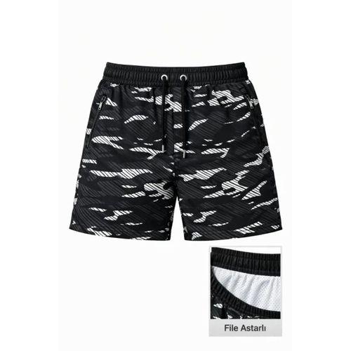 Erkek Deniz Şortu Fermuarlı Cepli File Astarlı Hızlı Kuruyan Premium - Siyah