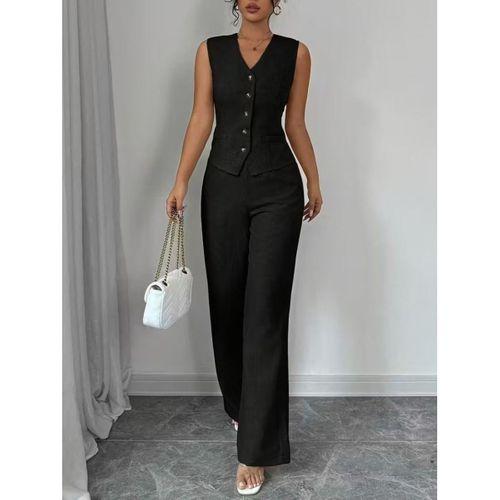 Kadın Askılı önden Düğmeli Bluz Ve Pantolon Keten Ikili Takım