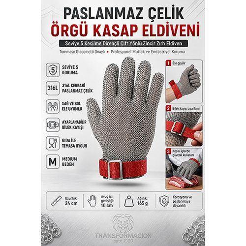 Paslanmaz Çelik Örgü Kasap Eldiveni - Seviye 5 Kesilme Dirençli Çift Yönlü Zincir Zırh Eldiven, Orta Boy Şef ve Endüstriyel Koruyucu Eldiven 723465