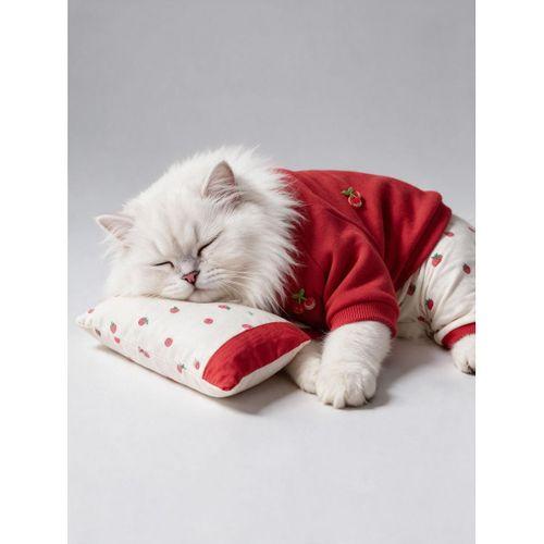 Tatlı Çilek Kedi Rüyası | Pamuklu Çilekli Kedi Tulumu, Kırmızı Sweatshirt ve Mini Yastık | 3Parça
