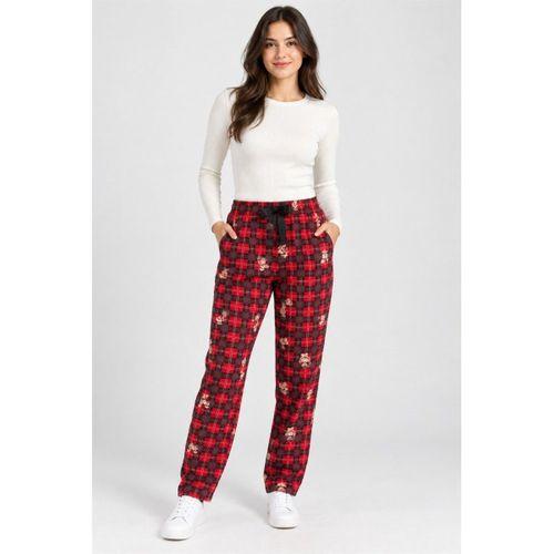 Kadın Tek Alt Pijama Pantolonu - Ekose Ve Ayıcık Desenli Cepli, Kırmızı