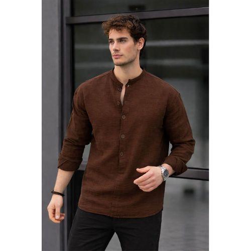 Hafif ve Nefes Alabilir Erkek Müslin Yarım Pat Hakim Yaka Oversize Gömlek - Kahve
