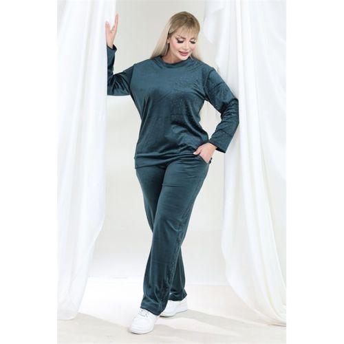 Melsay Butik Parlak Kadife Zümrüt Yeşil Yarım Garni Taşlı Kadın Eşofman Takımı