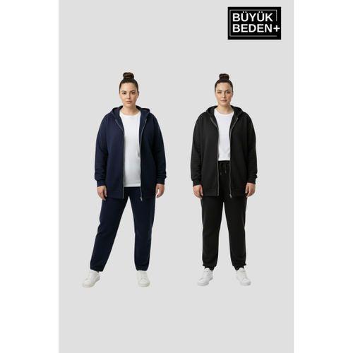 Kadın Büyük Beden Fermuarlı Kapüşonlu 3 lü Set ince Sweatshirt Hırka - Rahat Kalıp SPR26BHRK960+2