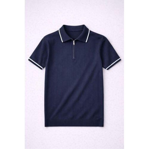 Jared Yakası Şeritli Dik Çizgili Yarım Fermuar İnce Triko Erkek T-Shirt - Lacivert