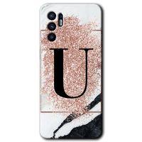 Potkal Hediye Fabrikası Oppo Reno 6 Kılıf HD Desen Baskılı Arka Kapak - Pembe Mermer Desenli U Harfi