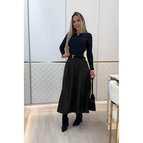 Kadın Yüksek Belli Maxi Deri Kemersiz Etek