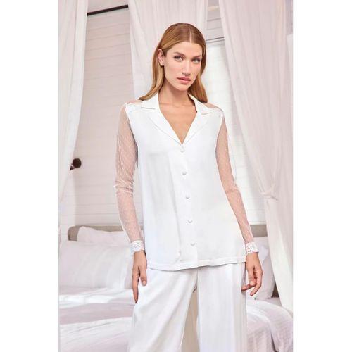 Dantelli Ve Tüllü Uzun Kollu Önü Düğmeli Saten Pijama Takımı