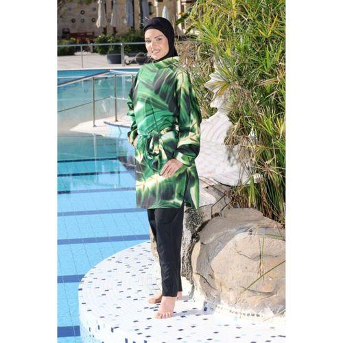 Estiva 26968 Siyah Emerald Flow Tam Kapalı Pantolonlu Kuşak Detaylı Tesettür Mayo