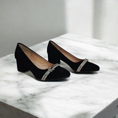 Fiyra 7034 Siyah Süet Taşlı 5 cm Kalın Kare Bayan Topuklu Ayakkabı