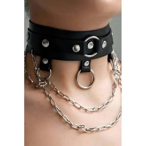 Zincir ve Halka Detaylı Şık Deri Choker Tasma Boyunluk Aksesuarı