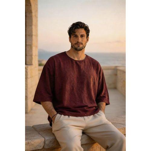Castiel Bisiklet Yaka Fakir Kol Oversize Kısa Kol T-shirt - Bordo