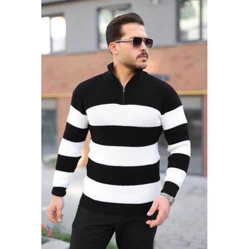 Erkek Şerit Renk Desenli Zip Yaka Kazak