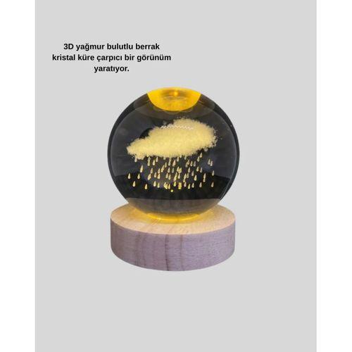 8 Cm 3d Yağmur Bulutu Kristal Küre Led Gece Lambası Ahşap Standlı Tasarım Lamba