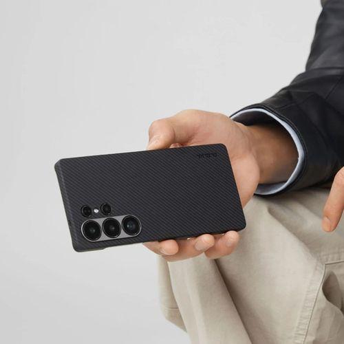 Galaxy S25 Ultra Kılıf M-safe Şarj Özellikli 600D Aramid Fiber Pitaka Ultra-Slim Classic Serisi Black-Grey Twill Kapak