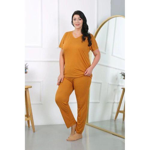 Kadın Büyük Beden Kısa Kol Penye Pijama Takımı Hardal