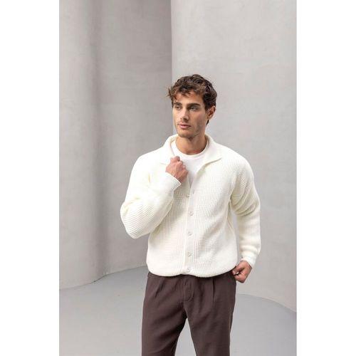 Oversize Selanik Örgü Düğmeli Erkek Hırka- Ekru