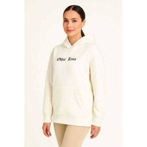 Oversize Üç İplik Şardonlu Kapüşonlu Sweatshirt – Beyaz “Other Lives” Ön Ve Arka Baskılı, Kanguru Cepli, Ribanalı Rahat Kışlık Model Beyaz