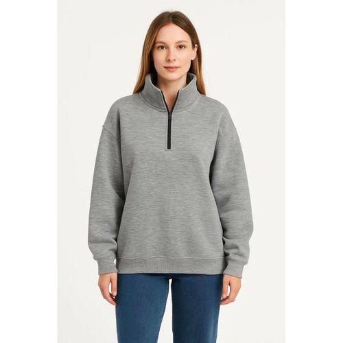 Üç İplik Dık Yaka Yarım Fermuarlı SweatShirt - Gri