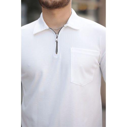 Yarım Fermuar Tek Cepli Erkek T-Shirt - Beyaz