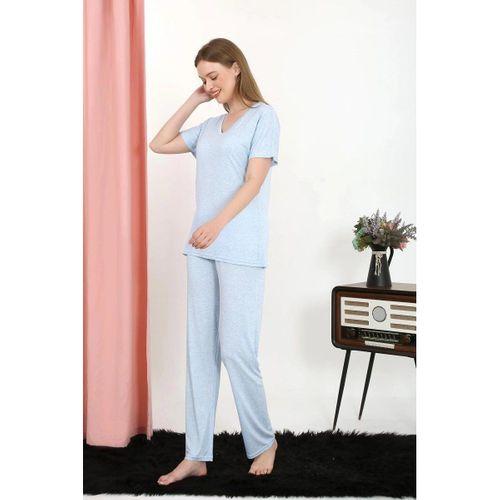 Kadın Kısa Kol Pamuk Penye Pijama Takım Mavi