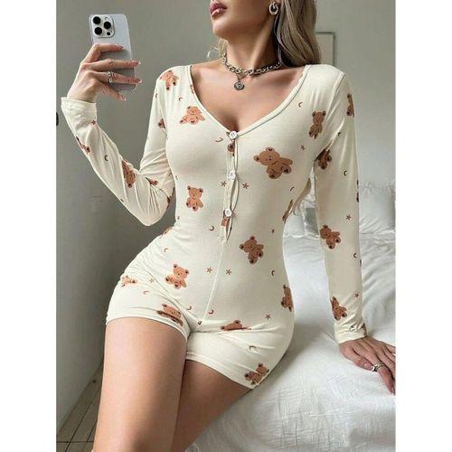 Pamuklu Ekru Ayıcık Desenli Düğmeli Tulum Pijama