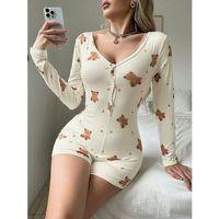 Pamuklu Ekru Ayıcık Desenli Düğmeli Tulum Pijama