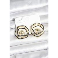 Pirinç Gold Renk Siyah Mineli Geometrik Gül Model Kadın Küpe