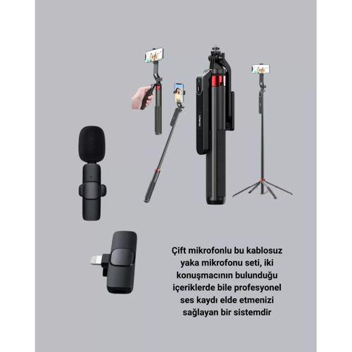 Kablosuz Çift Yaka Mikrofonu Ve Tripodlu Selfie Çubuğu İçerik Üretici Seti